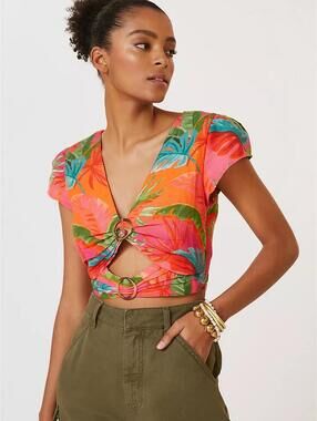 Anthropologie Farm Rio Cut-Out Top in Red Motif Sz SM